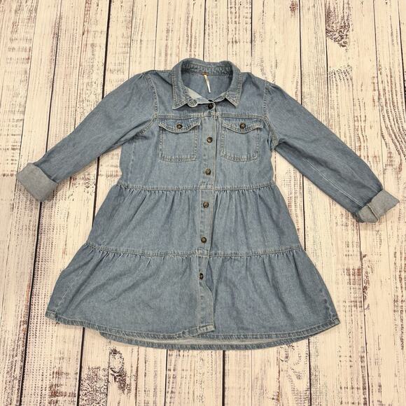 Free People Dresses & Skirts - Free People Nicole Shirt Dress Small Blue Denim Tiered Mini Boho Long Sleeve